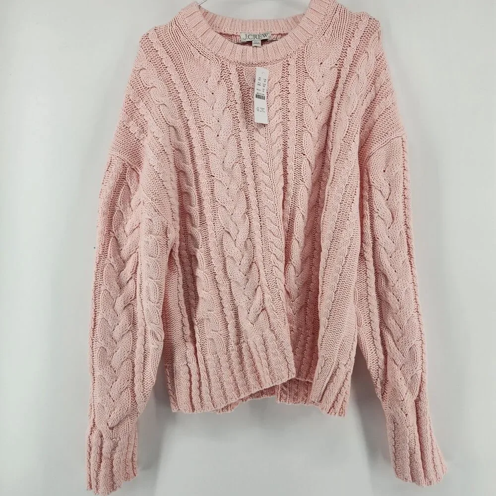 J.Crew Women's Pink XL 100% Cotton XL Cable Knit Crewneck Sweater NWT